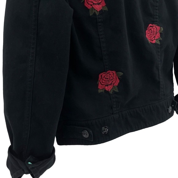 LuLaRoe Harvey Womens XS Black Stretch Jean Jacket Embroidered Red Roses Flowers - Picture 3 of 5